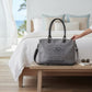 Mellow Monkey Grays Inlaid messenger bag in grey cotton with leather handles and vintage-style French typography.
