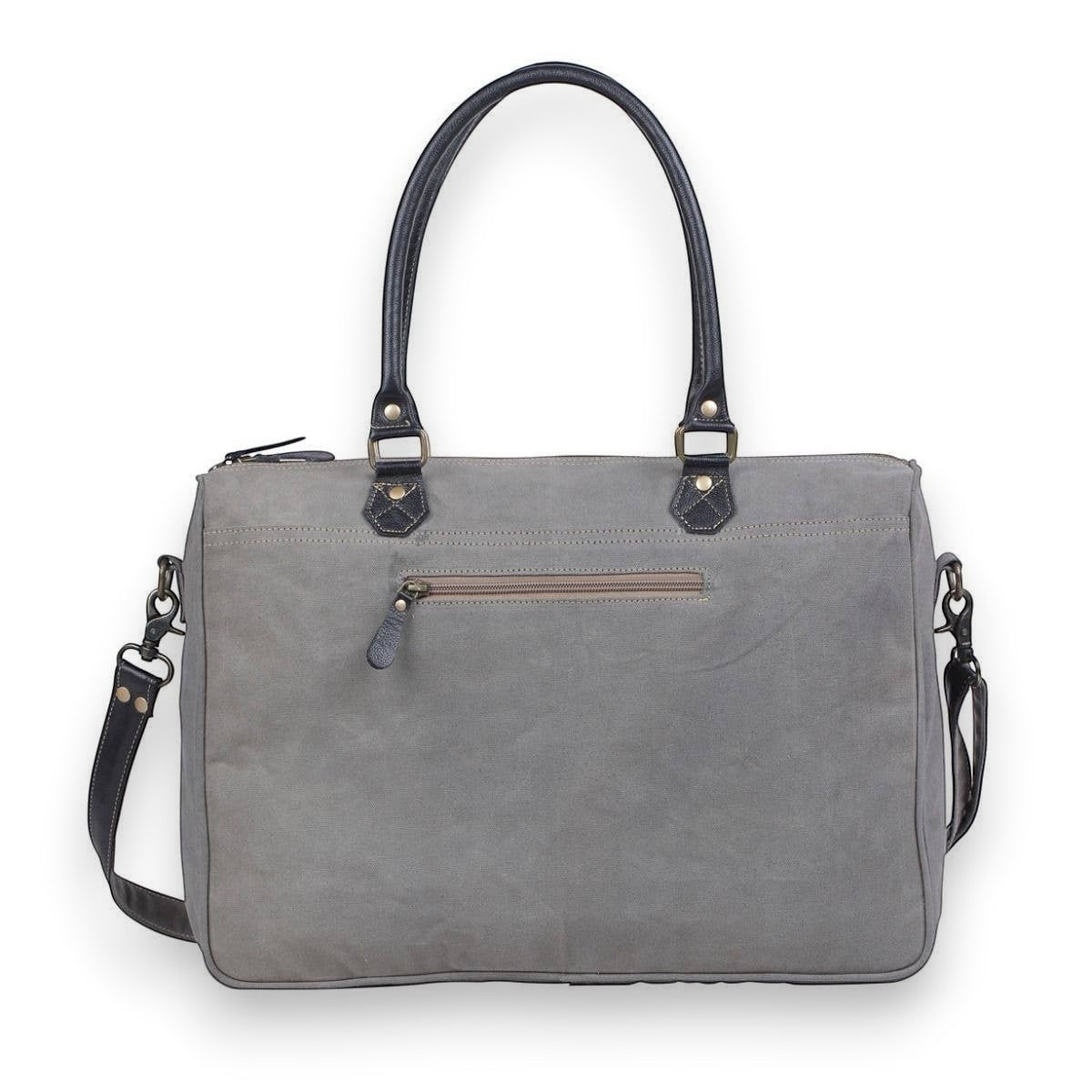 Mellow Monkey Grays Inlaid messenger bag in grey cotton with black leather handles and shoulder strap