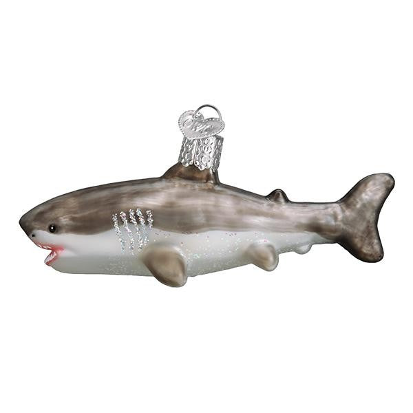 Mellow Monkey Great White Shark blown glass holiday ornament, 5-1/4-in, with glitter accents and realistic details.