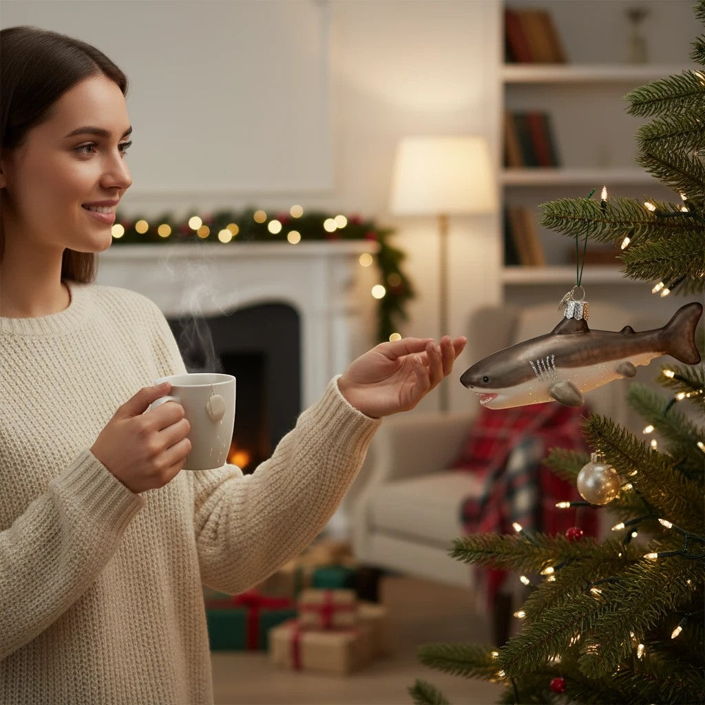Mellow Monkey Great White Shark blown glass holiday ornament, 5-1/4-in, detailed with realistic fins and teeth.