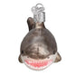 Mellow Monkey Great White Shark blown glass holiday ornament with detailed teeth and silver cap.