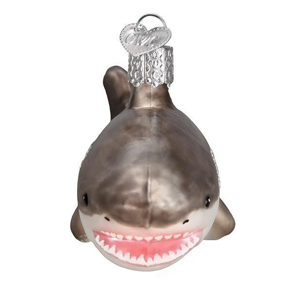 Mellow Monkey Great White Shark blown glass holiday ornament with detailed teeth and silver cap.