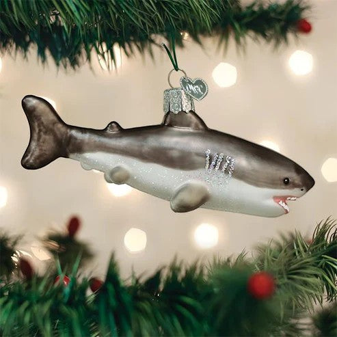 Mellow Monkey Great White Shark blown glass holiday ornament with glitter accents and sharp teeth.