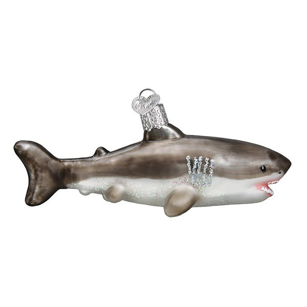 Mellow Monkey Great White Shark blown glass holiday ornament with glitter accents. 5.25-inch.