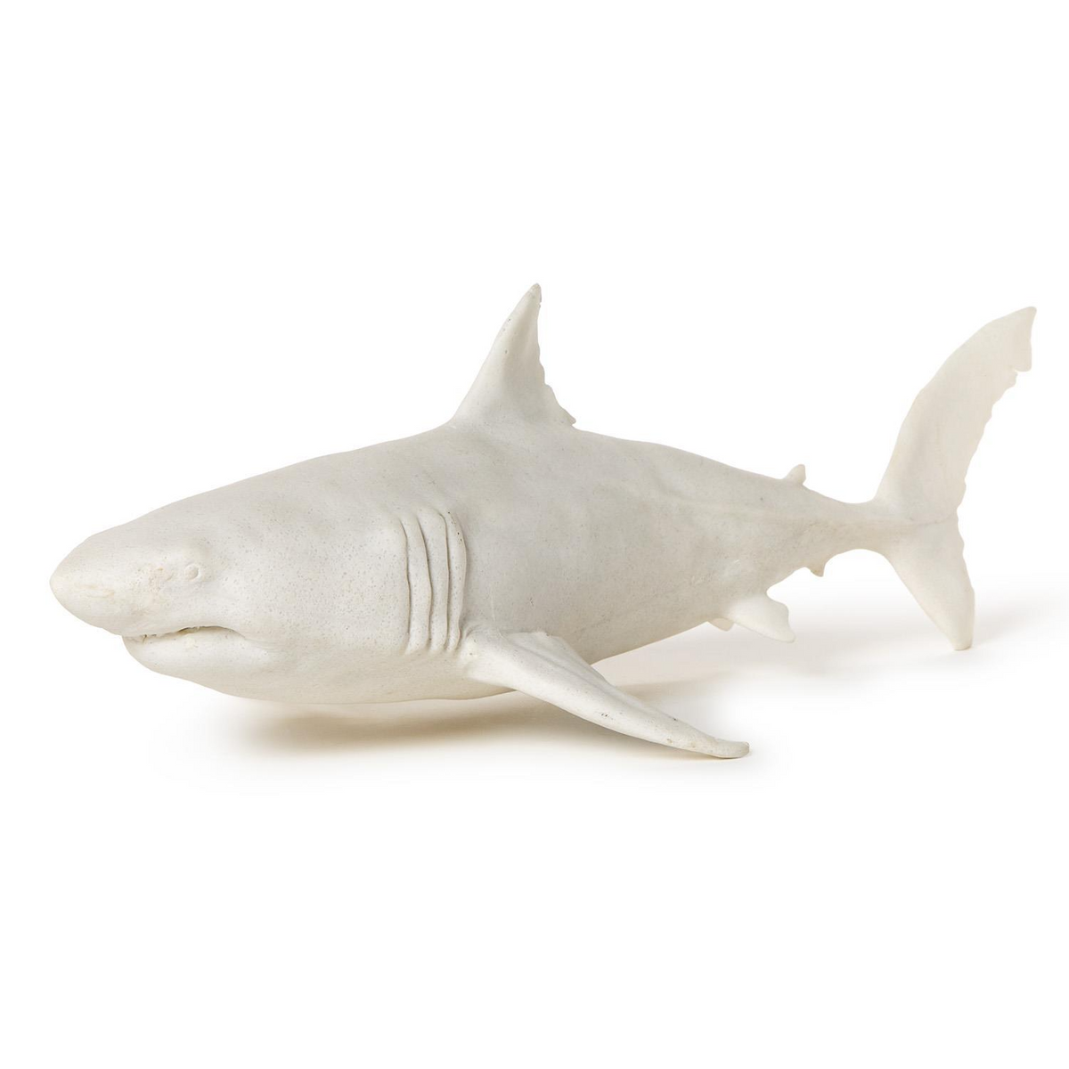 Mellow Monkey white resin great white shark sculpture with realistic detailing for coastal or nautical home decor.