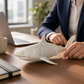 Mellow Monkey resin great white shark sculpture on a wooden office desk next to a laptop and notebook