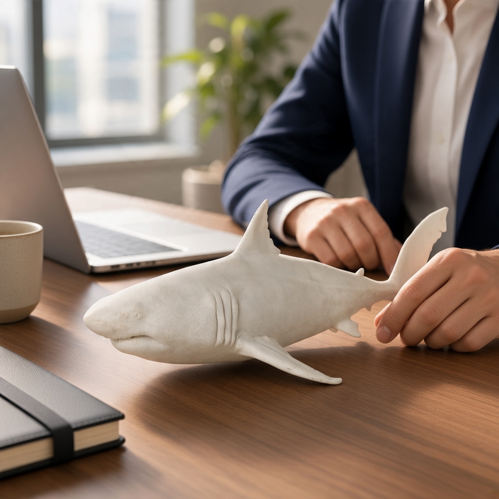 Mellow Monkey resin great white shark sculpture on a wooden office desk next to a laptop and notebook