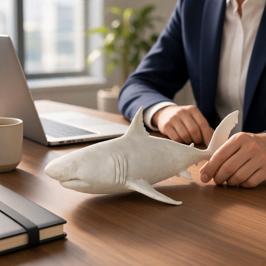 Mellow Monkey resin great white shark sculpture on a wooden office desk next to a laptop and notebook