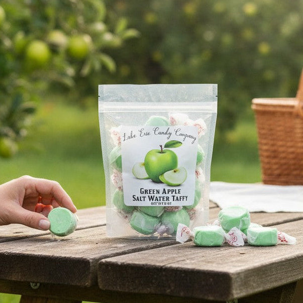 Mellow Monkey Green Apple Salt Water Taffy, individually wrapped chewy candies in a 6-oz bag.