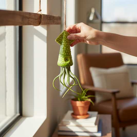 Mellow Monkey green ceramic squid hanging planter with a live Tillandsia air plant held by a hand near a window.