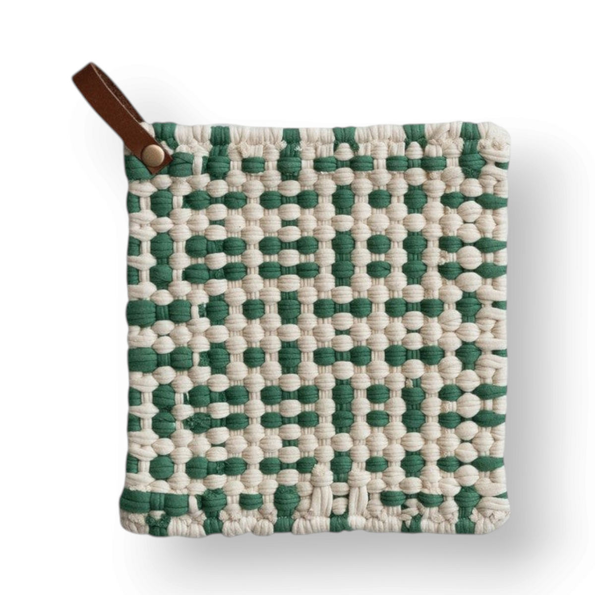 Mellow Monkey square crocheted pot holder in green and cream with a brown leather hanging loop