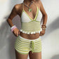 Mellow Monkey green and white striped crochet bikini top and shorts set with ruffle hem and drawstring waist.