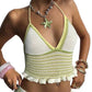 Mellow Monkey green and white striped crochet bikini top with ruffle hem and matching drawstring knit shorts