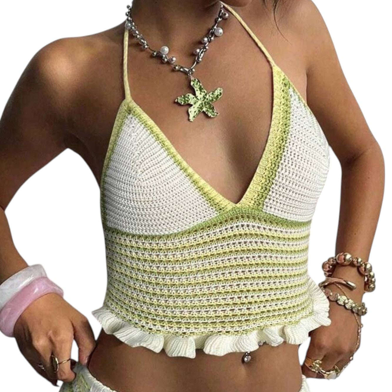 Mellow Monkey green and white striped crochet bikini top with ruffle hem and matching drawstring knit shorts