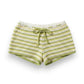 Mellow Monkey green and white striped crochet bikini top with ruffle hem and matching drawstring shorts set