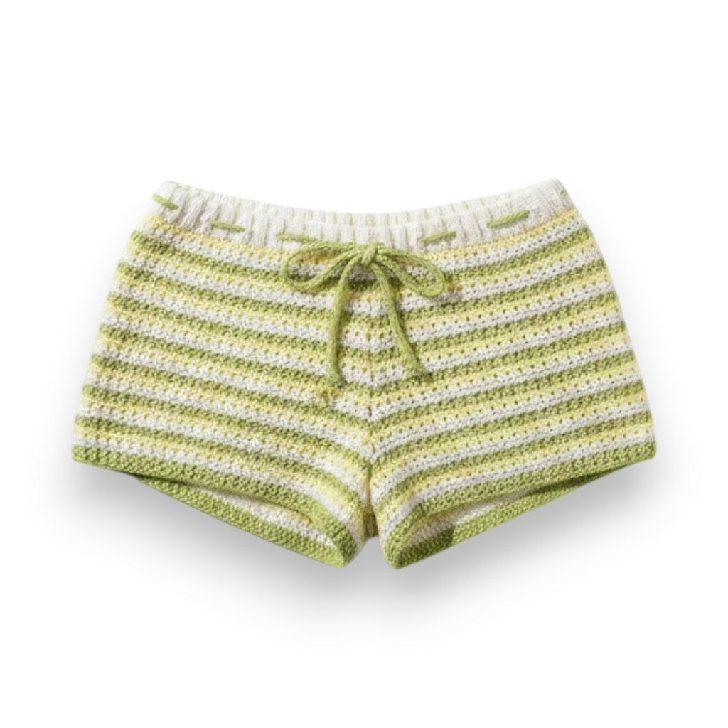 Mellow Monkey green and white striped crochet bikini top with ruffle hem and matching drawstring shorts set