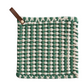 Mellow Monkey square crocheted pot holder in green and white with a brown leather hanging loop.