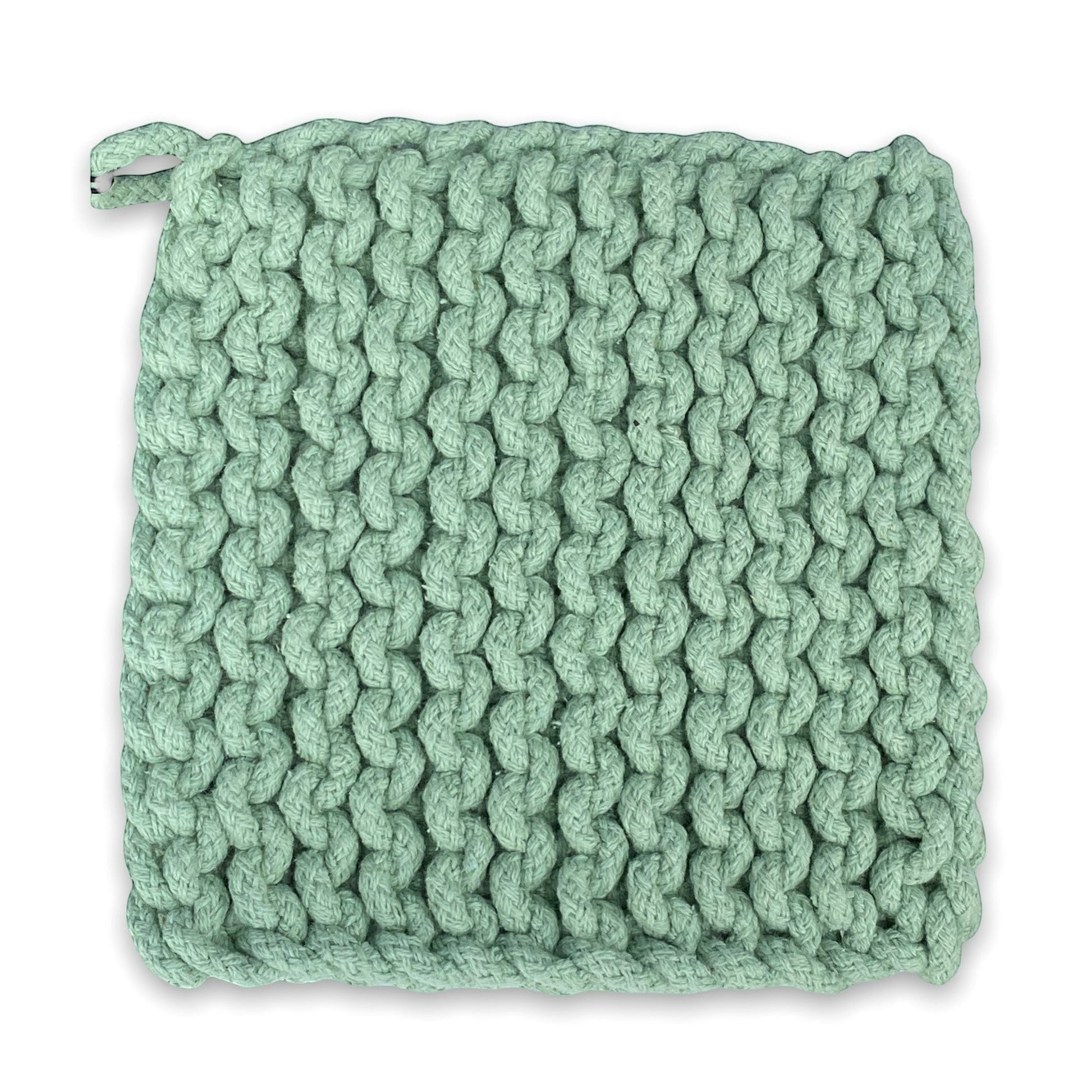 Mellow Monkey green crocheted cotton pot holder, 8-inch square, with a hanging loop.