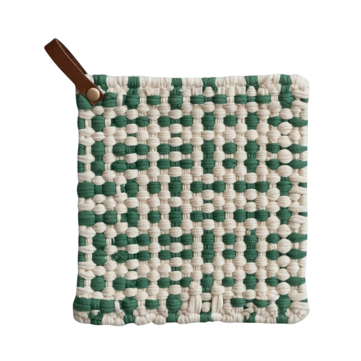 Mellow Monkey 8-inch square crocheted pot holder in green and cream with a brown leather hanging loop.