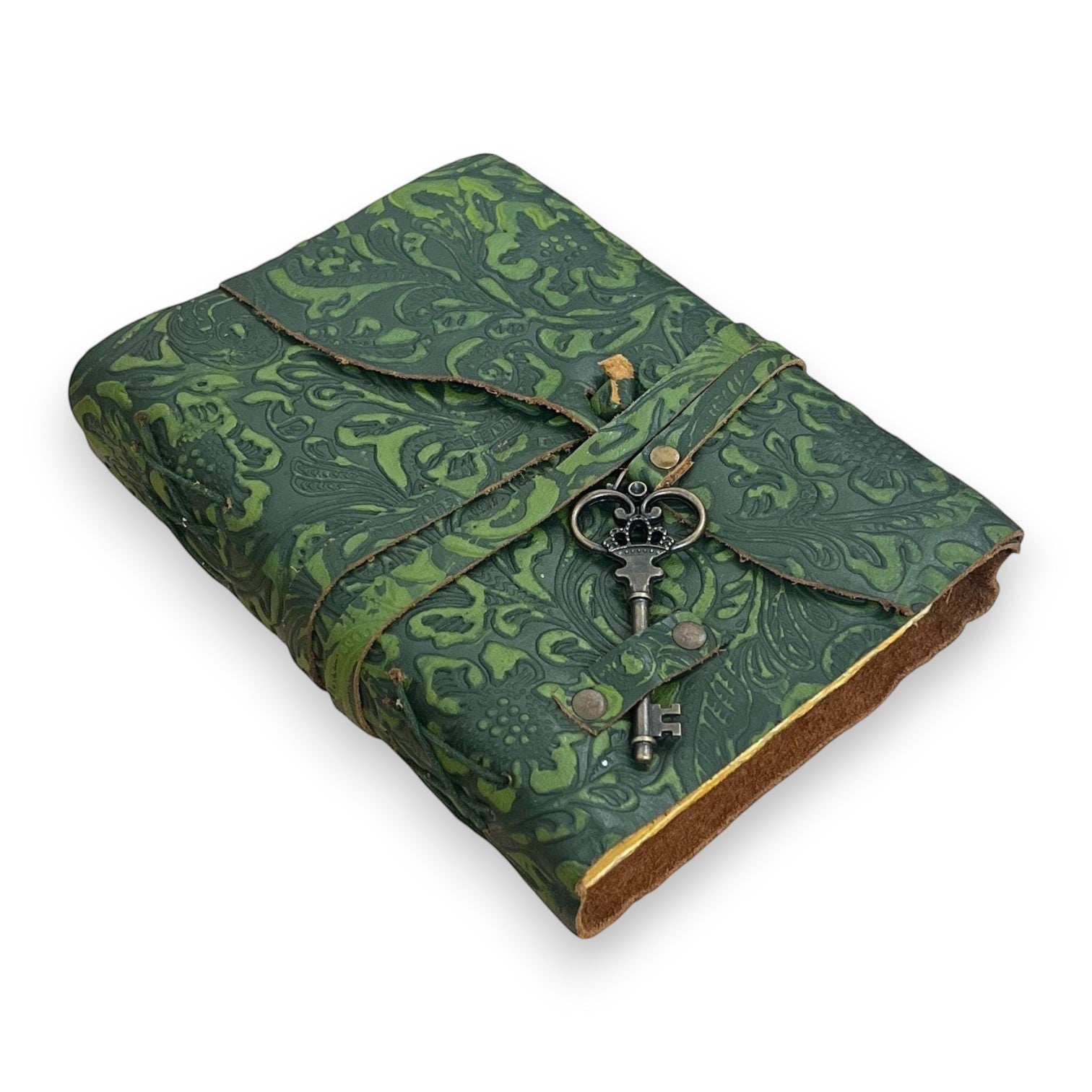 Mellow Monkey green embossed leather journal with vintage key closure and deckle edge paper