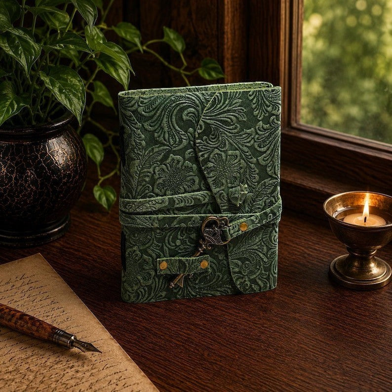 Mellow Monkey green embossed leather journal with a vintage key closure and deckle edge paper on a wooden desk.