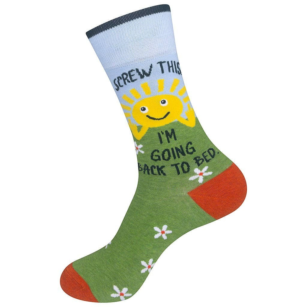 Mellow Monkey green crew socks featuring a smiling sun, daisy pattern, and the text Screw This I'm Going Back To Bed