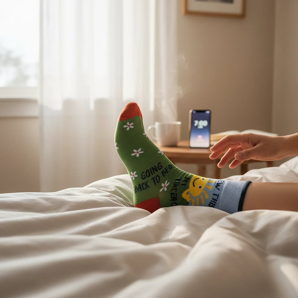 Mellow Monkey green crew socks with daisy patterns and text reading Screw This I'm Going Back To Bed on a person in bed