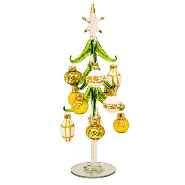 Mellow Monkey 10-inch glass Christmas tree with green branches, gold-tipped star, and gold and white ornaments.