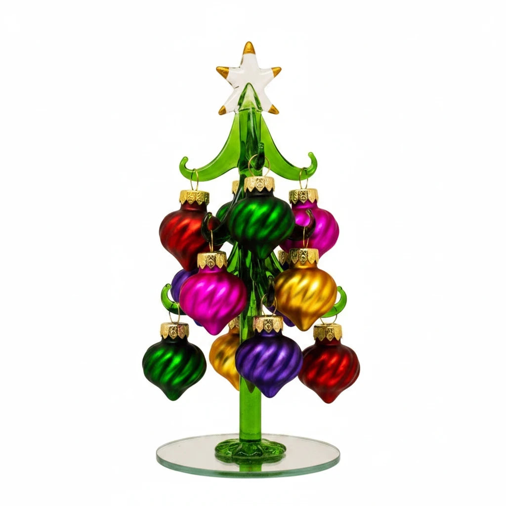 Mellow Monkey 6-inch green glass Christmas tree featuring colorful swirled ornaments and a clear glass star topper.