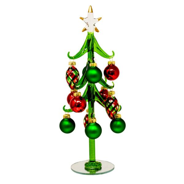 Mellow Monkey 10-inch green glass Christmas tree with red and plaid ornaments and a gold-tipped star topper