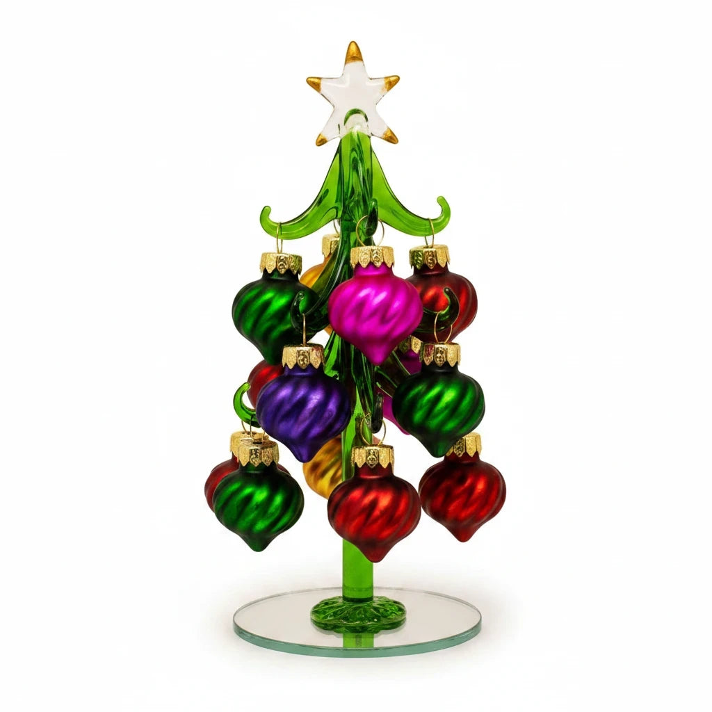 Mellow Monkey 6-inch green glass Christmas tree featuring colorful swirled ornaments and a clear glass star topper.