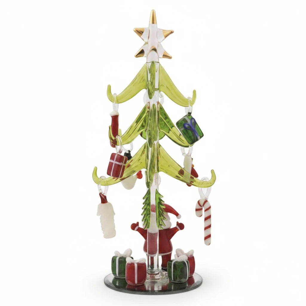 Mellow Monkey green glass Christmas tree with fused glass holiday ornaments and a gold star topper