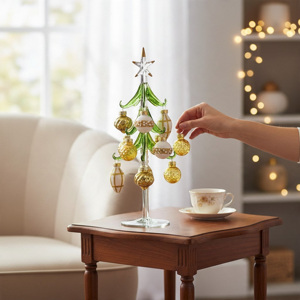 Mellow Monkey 10-inch glass Christmas tree with green branches and gold and white ornaments on a wooden side table