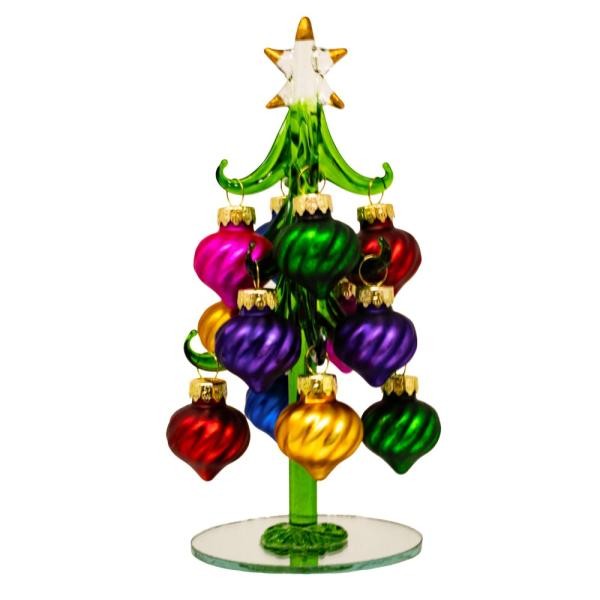 Mellow Monkey 6-inch green glass Christmas tree decorated with vibrant, multi-colored swirled glass ornaments.