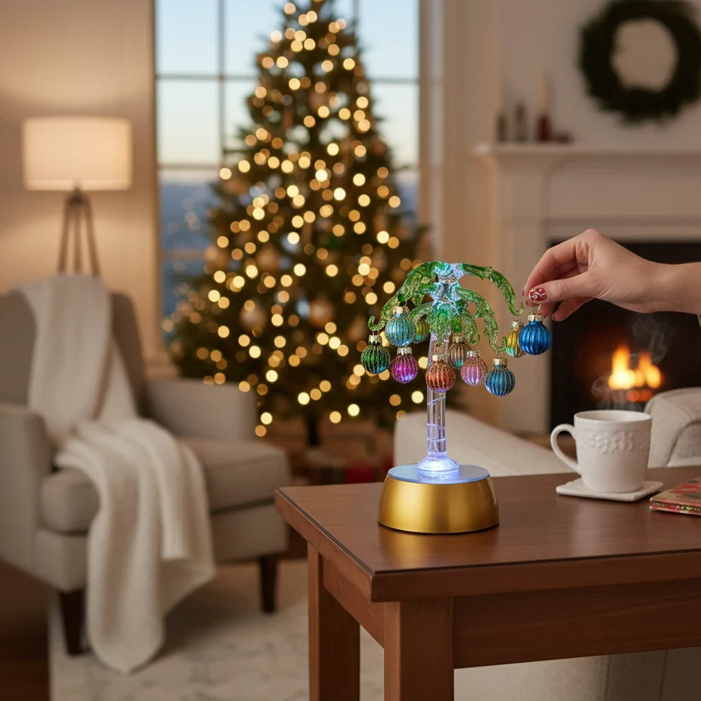Mellow Monkey 9-inch green glass palm tree tabletop decoration with mini ornaments and LED light base