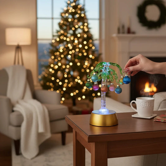 Mellow Monkey 9-inch green glass palm tree tabletop decoration with mini ornaments and LED light base