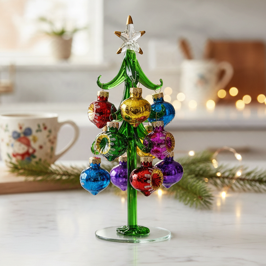 Mellow Monkey 8-inch green glass Christmas tree decorated with colorful vintage-style teardrop ornaments and a star.