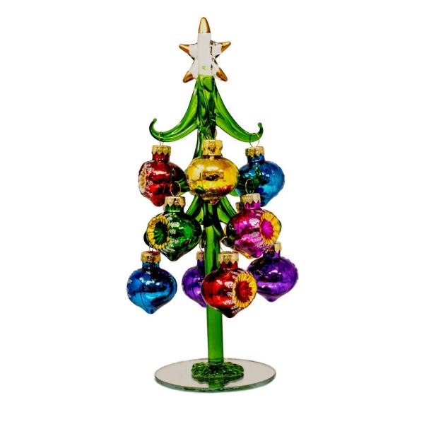 Mellow Monkey 8-inch green glass Christmas tree decorated with colorful vintage-style teardrop ornaments and a star.