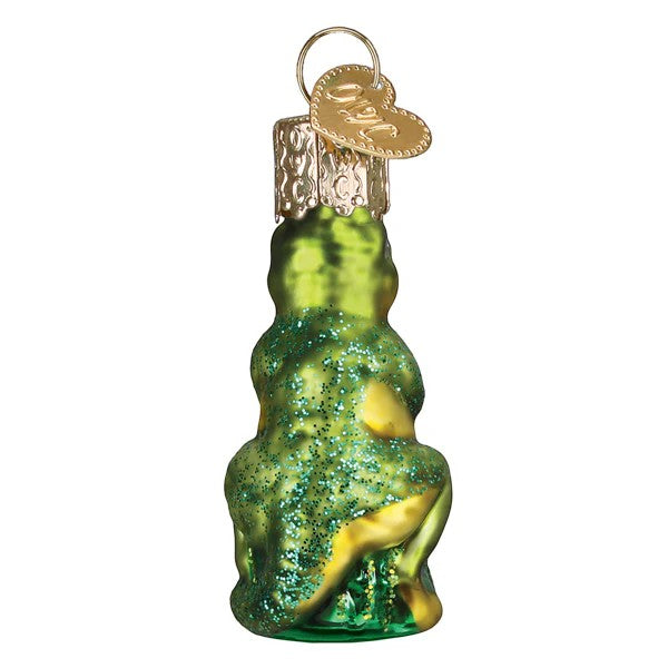 Mellow Monkey green glitter frog blown glass holiday ornament with gold heart charm