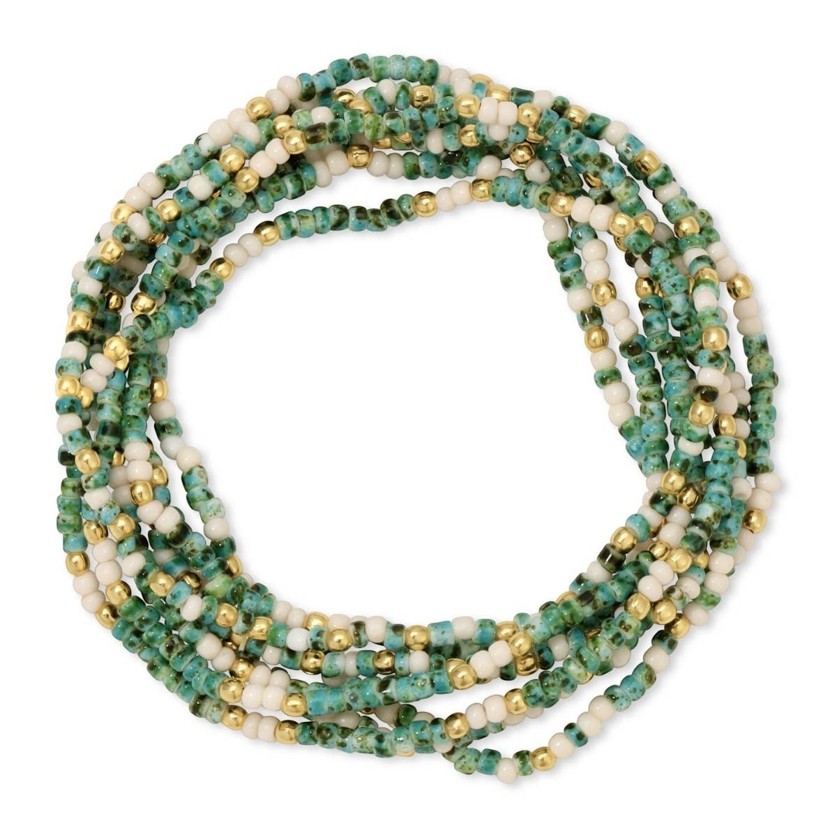 Mellow Monkey stretch seed bead bracelet in green, ivory, and 18k gold plated brass with an organic, textured design.
