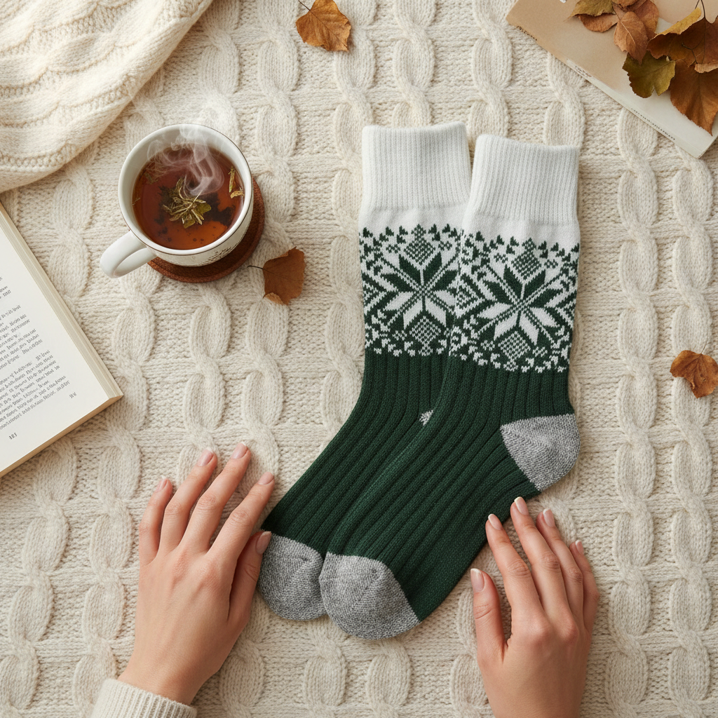 Mellow Monkey Green Ivory Holiday Crew socks with a festive snowflake pattern on a cozy cream cable knit background.