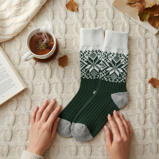 Mellow Monkey Green Ivory Holiday Crew socks with a festive snowflake pattern on a cozy cream cable knit background.