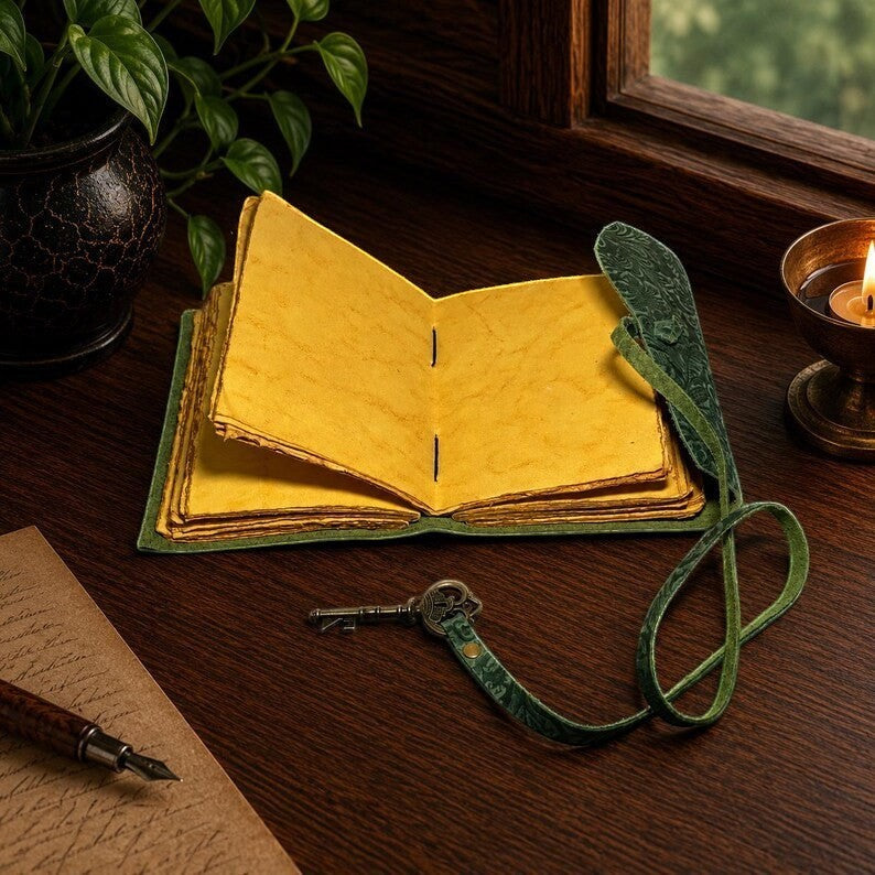 Mellow Monkey green embossed leather journal with antique key closure and yellow deckle edge paper on a wooden desk.