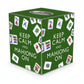 Mellow Monkey green papier mache tissue box cover featuring a Keep Calm and Mahjong On print with gold trim.