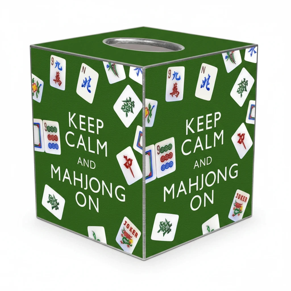 Mellow Monkey green papier mache tissue box cover featuring a Keep Calm and Mahjong On print with gold trim.