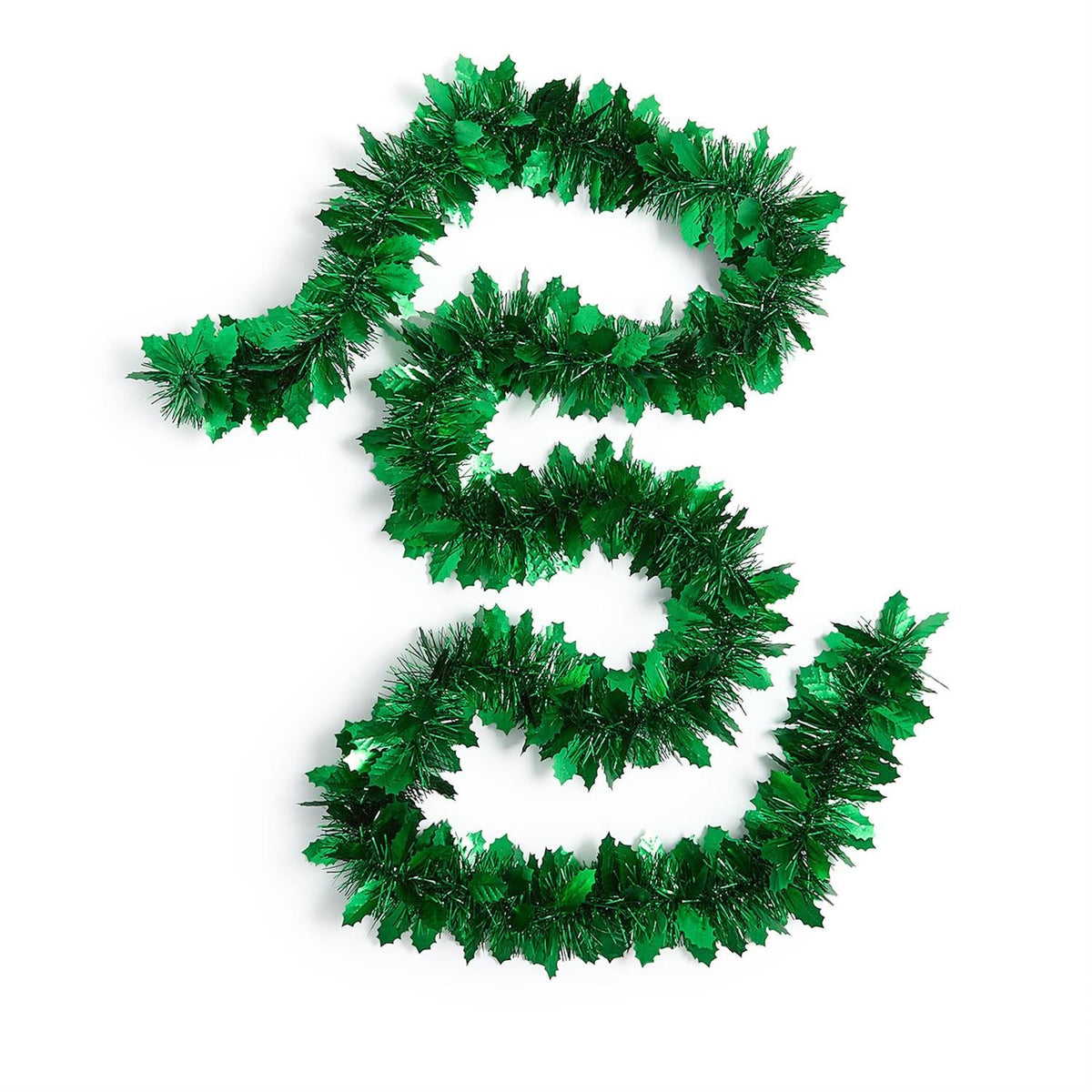 Mellow Monkey 12-foot green metallic holly leaf garland for festive holiday decor and draping