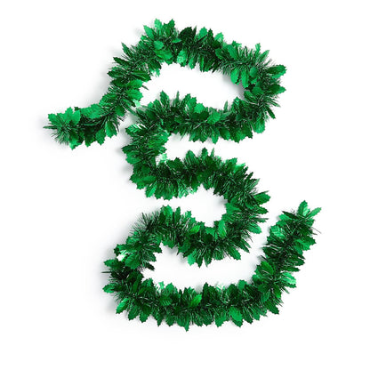 Mellow Monkey 12-foot green metallic holly leaf garland for festive holiday decor and draping