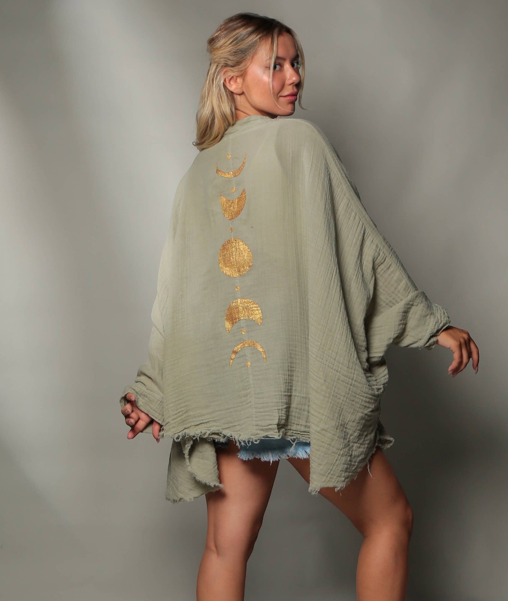 Mellow Monkey green 4-layer muslin kimono robe with gold moon phases design on back. One size fits most.
