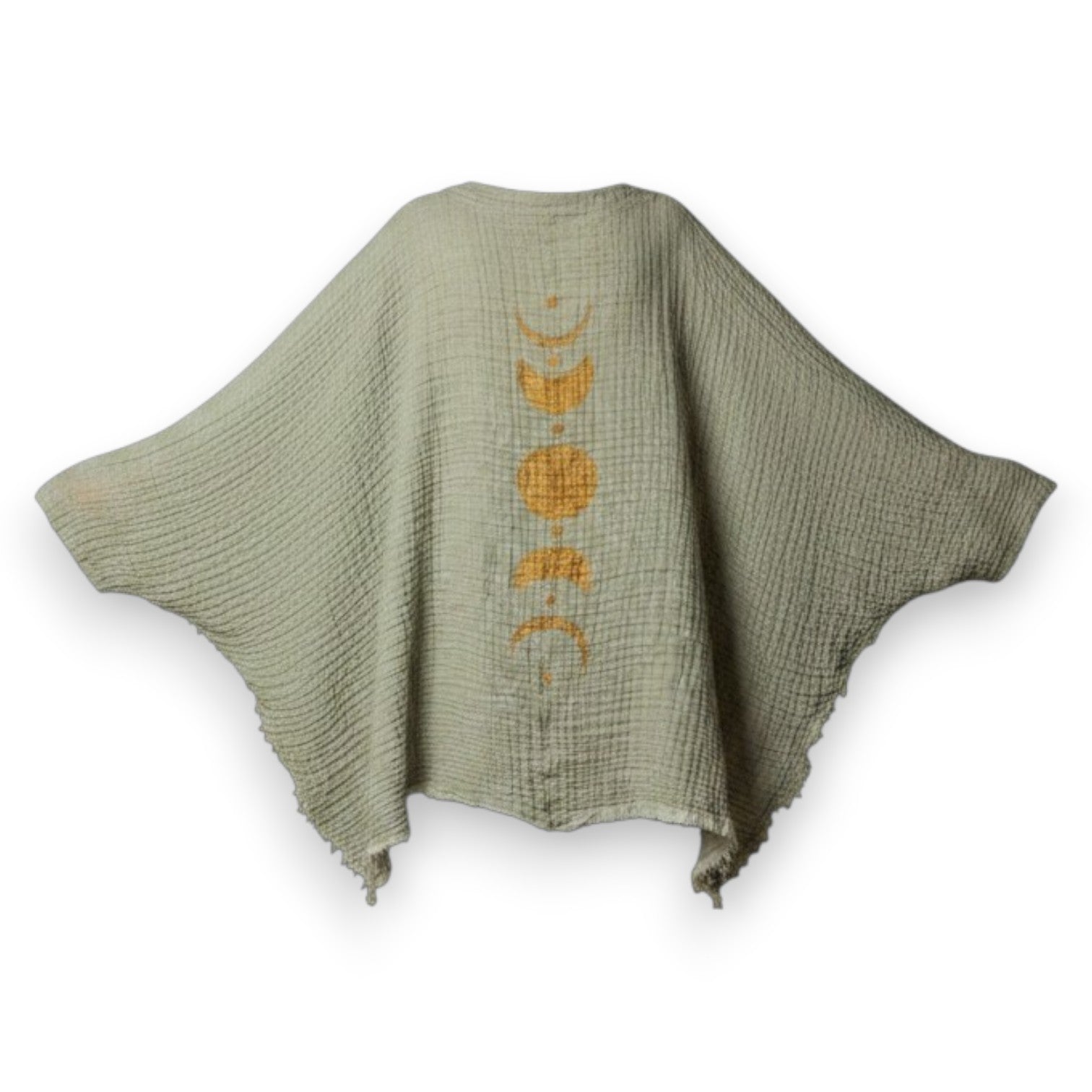 Mellow Monkey green 4-layer muslin kimono robe with golden moon phases design on back. One size fits most.