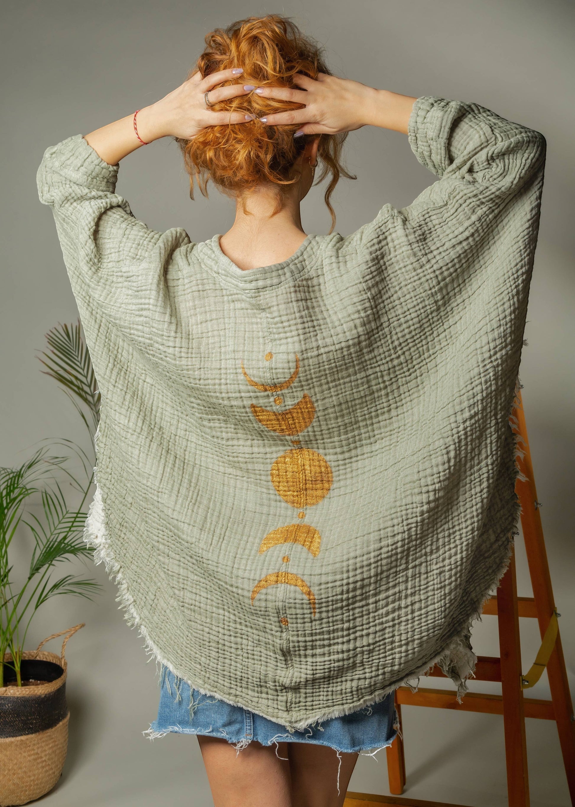 Mellow Monkey green 4-layer muslin kimono robe with golden moon phases design on back. One size.